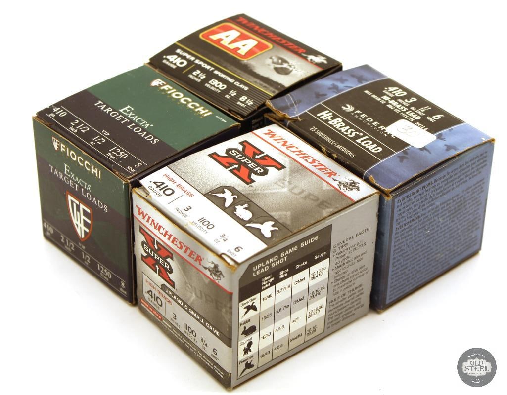 100rds Various 410ga Ammunition - Federal, Winchester, Fiocchi: Fiocchi 2-1/2in Exacta Target Loads - 25rds Winchester AA 2-1/2in Super Sport - 25rds Winchester Super X 3in - 25rds Federal Hi-Brass Load 3in - 25rds THIS ITEM IS AS PICTURED WITH NO