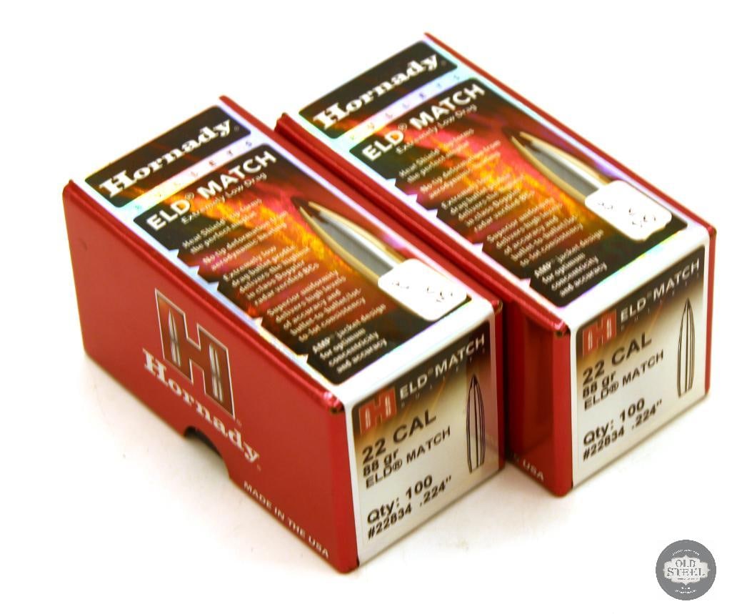 200ct Hornady 22 Caliber 88gr ELD Match Bullets: 200ct Hornady 22 Caliber 88gr ELD Match Bullets THIS ITEM IS AS PICTURED WITH NO FURTHER ATTACHMENTS. ALL SALES ARE FINAL. PLEASE REFER TO THE AUCTION DESCRIPTION, LOT #1 DESCRIPTION