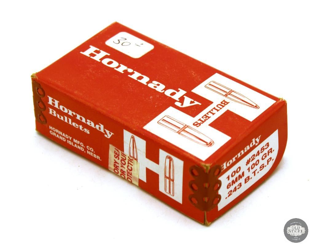 100ct Hornady 6mm .243 Cal 100gr BTSP Bullets: 100ct Hornady 6mm .243 Cal 100gr BTSP Bullets THIS ITEM IS AS PICTURED WITH NO FURTHER ATTACHMENTS. ALL SALES ARE FINAL. PLEASE REFER TO THE AUCTION DESCRIPTION, LOT #1 DESCRIPTION