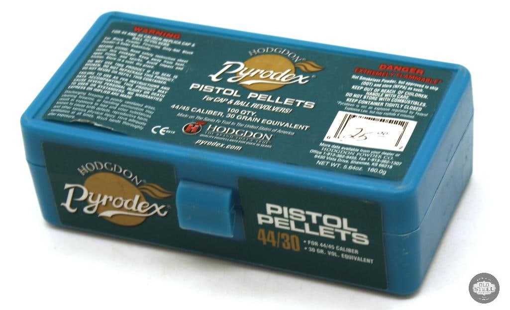 100ct Hodgdon Pyrodex 44/45 Caliber Pistol Pellets 30gr Equivalent for Cap & Ball Revolvers: 100ct Hodgdon Pyrodex 44/45 Caliber Pistol Pellets 30gr Equivalent for Cap & Ball Revolvers THIS ITEM IS AS PICTURED WITH NO FURTHER ATTACHMENTS. ALL SALES ARE FINAL. PLEASE REFER TO