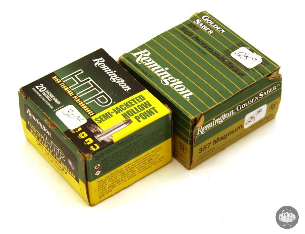 45rds Remington 357 MAG JHP Ammunition: 1 box HTP 110gr SJHP - 20rds 1 box Golden Saber 125gr JHP - 25rds THIS ITEM IS AS PICTURED WITH NO FURTHER ATTACHMENTS. ALL SALES ARE FINAL. PLEASE REFER TO THE AUCTION DESCRIPTION, LOT
