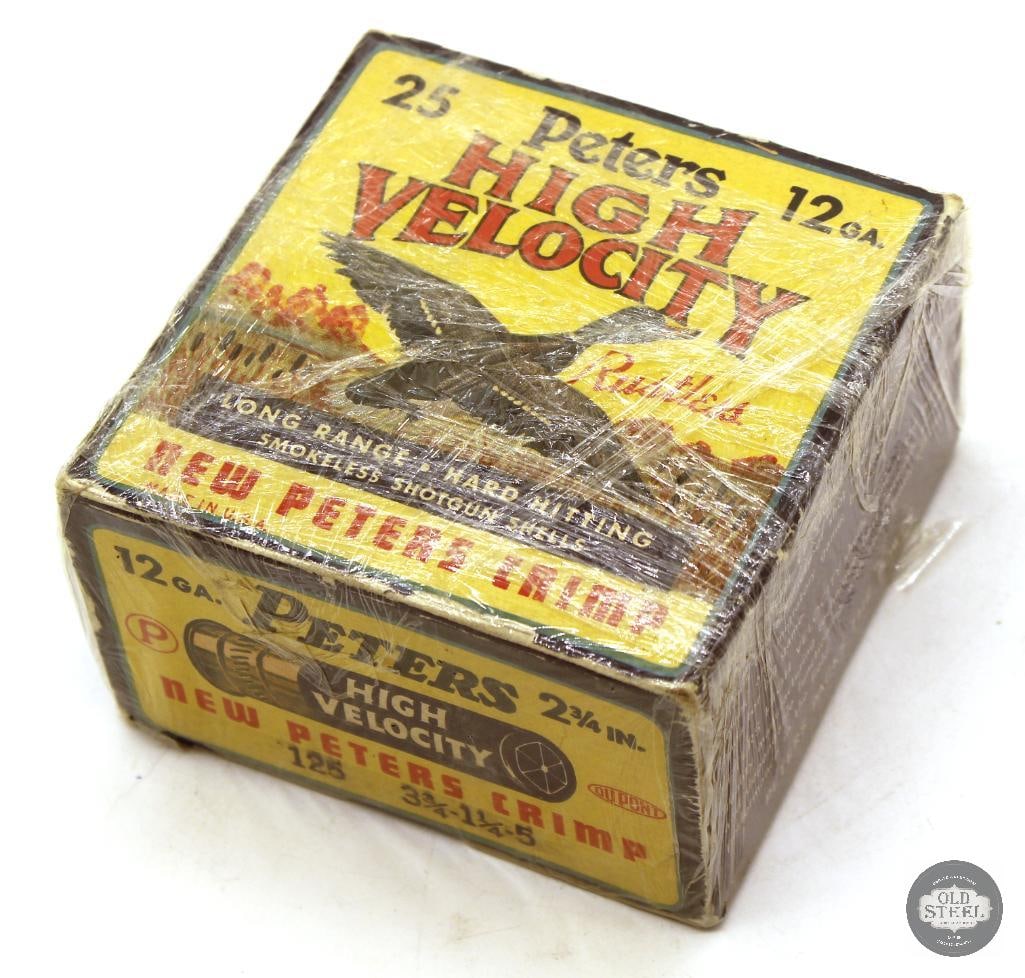 25rd Vintage Box of Peter's 12ga High Velocity 2-3/4in Ammunition: 25rd Vintage Box of Peter's 12ga High Velocity 2-3/4in Ammunition THIS ITEM IS AS PICTURED WITH NO FURTHER ATTACHMENTS. ALL SALES ARE FINAL. PLEASE RE