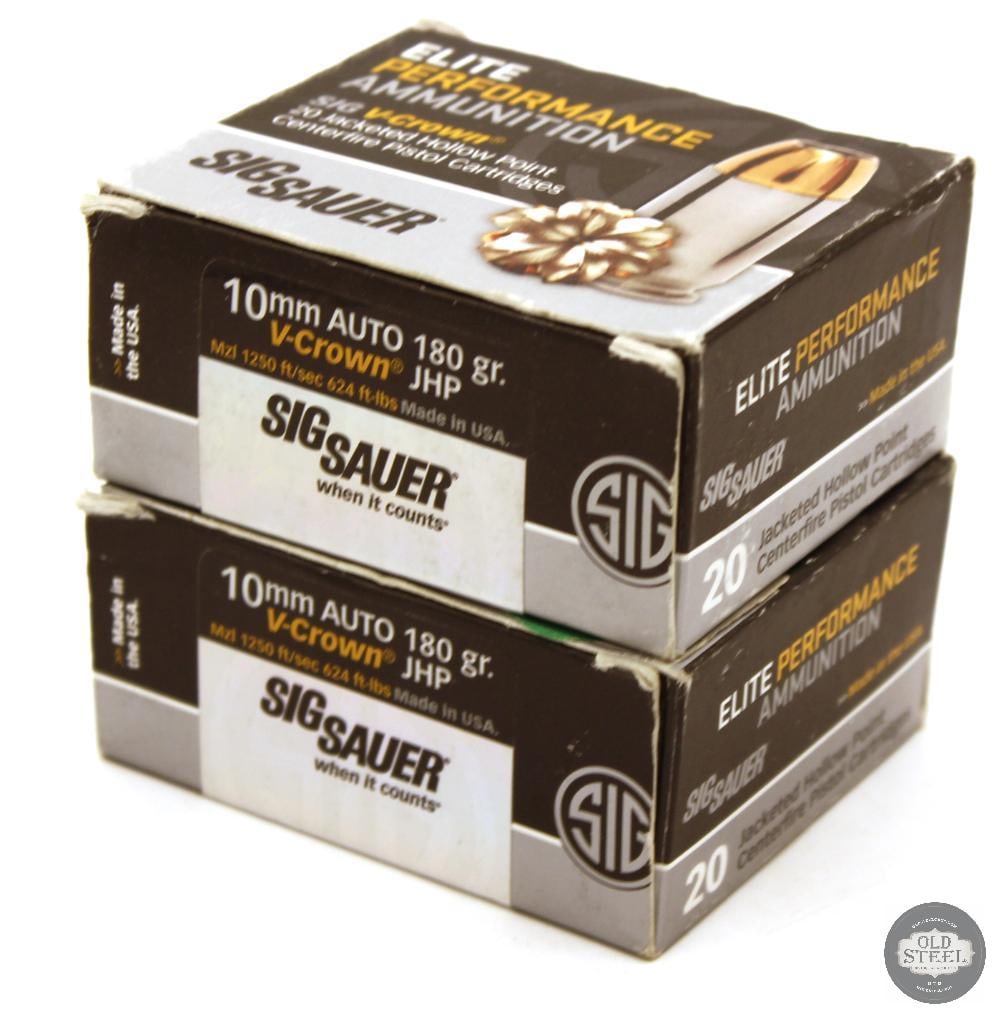 40rds Sig Sauer 10mm Auto 180gr JHP V-Crown Ammunition: 40rds Sig Sauer 10mm Auto 180gr JHP V-Crown Ammunition THIS ITEM IS AS PICTURED WITH NO FURTHER ATTACHMENTS. ALL SALES ARE FINAL. PLEASE REFER TO THE AUCTION DESCRIPTION, LOT
