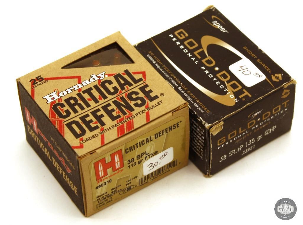 45rds 38 SPL Defensive Ammunition - Speer Gold-Dot, Hornady Critical Defense: Hornady Critical Defense 38 SPL 110gr FTX - 25rds Speer Gold-Dot 38 SPL 135gr GDHP Short Barrel - 20rds THIS ITEM IS AS PICTURED WITH NO FURTHER ATTACHMENTS. ALL SALES ARE FINAL. PLEASE
