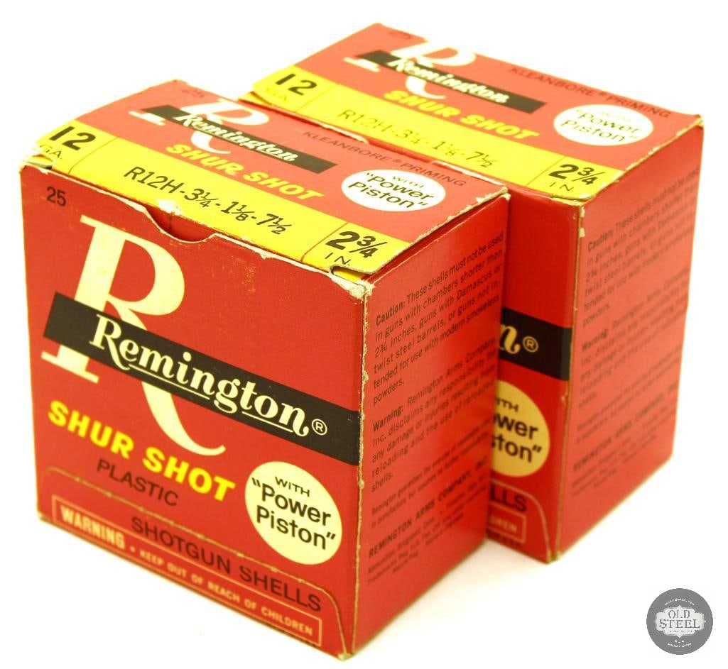 49rds Mixed 12ga Ammunition - Remington, Winchester: These 2 vintage Remington boxes have 49rds between them. One is actual Remington 12ga 2-3/4in Shur Shot - 25rds. The other is 24rds of mixed Winchester AA 2-3/4in shells. 