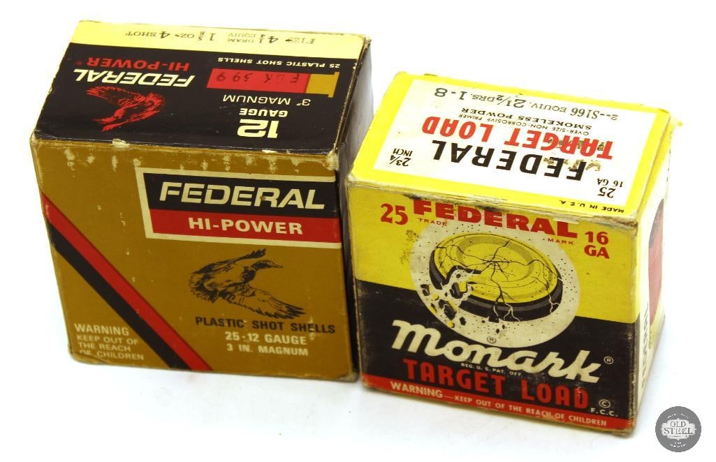 25rds Vintage Federal 12ga 3in MAG and 25rds Vintage Mixed 16ga 2-3/4in Ammunition: Federal Hi Power 12ga 3 inch Magnum - 25rds Federal Monark box has a mix of Sears, JC Higgins, Monark, and Mallard marked headstamped 16ga paper shell ammunition. - 25rds 