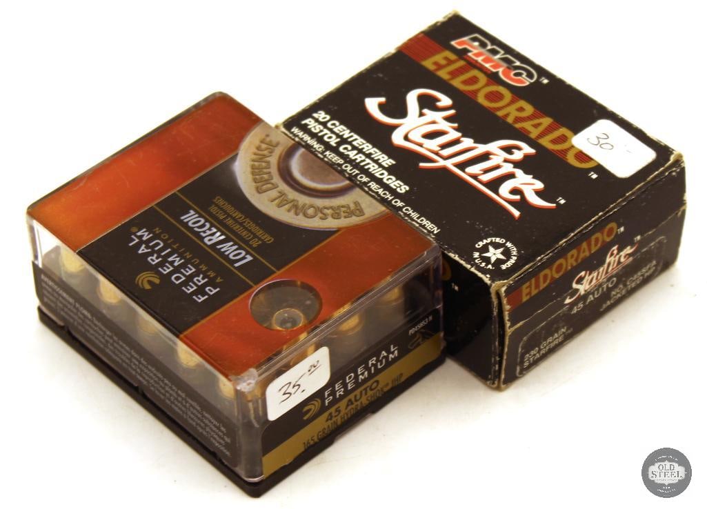 40rds Defensive 45 Auto - El Dorado Starfire, Federal Hydra-Shok: Box of El Dorado Starfire 230gr JHP - 20rds Box of Federal 165gr Hydra-Shok JHP - 20rds THIS ITEM IS AS PICTURED WITH NO FURTHER ATTACHMENTS. ALL SALES ARE FINAL. PLEASE REFER TO THE