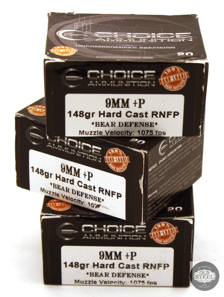 60rds Choice Ammunition 9mm Luger +P 148gr Hard Cast RNFP Bear Defense Ammunition: 60rds Choice Ammunition 9mm Luger +P 148gr Hard Cast RNFP Bear Defense Ammunition THIS ITEM IS AS PICTURED WITH NO FURTHER ATTACHMENTS. ALL SALES ARE FINAL. PLEASE REFER TO THE AUCTION