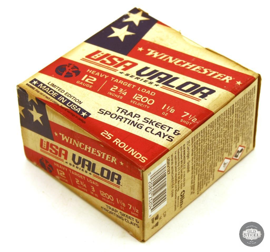 25rds Winchester USA Valor Series 12ga 2-3/4in 1-1/8oz No. 7-1/2 Shot Ammunition: 25rds Winchester USA Valor Series 12ga 2-3/4in 1-1/8oz No. 7-1/2 Shot Ammunition THIS ITEM IS AS PICTURED WITH NO FURTHER ATTACHMENTS. ALL SALES ARE F