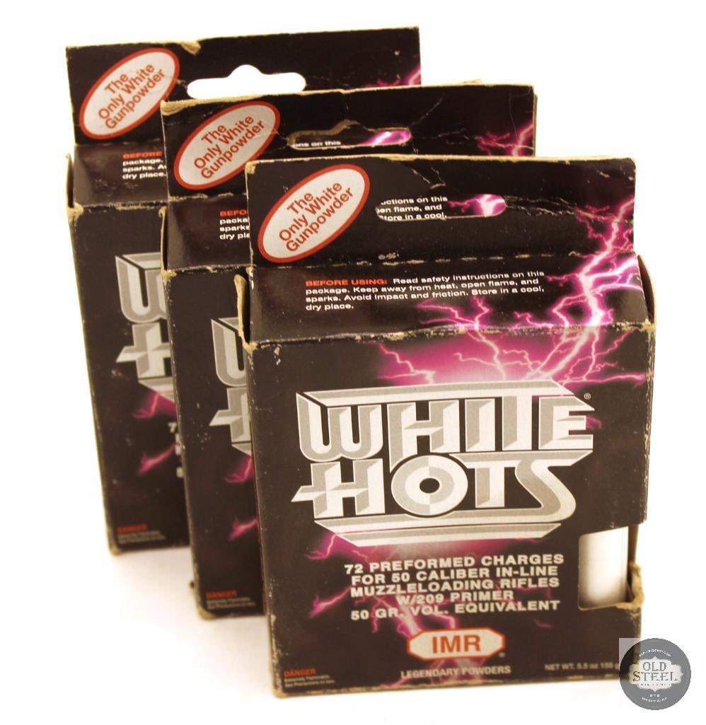 3 Packs Legendary Powers White Hots Preformed Charges for 50 Caliber Muzzle Loading Rifles: Each pack contains 72 charges. THIS ITEM IS AS PICTURED WITH NO FURTHER ATTACHMENTS. ALL SALES ARE FINAL. PLEASE REFER TO THE AUCTION DESCRIPTION, LOT #1 DESCRIPTION AND TERMS