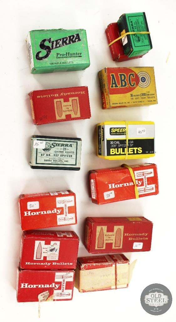Mixed Lot of Various Caliber Bullets - Hornady, Speer, Sierra - 25, 30, 6mm, 22 Calibers: Mixed Lot of Various Caliber Bullets - Hornady, Speer, Sierra - 25, 30, 6mm, 22 Calibers. The 25 caliber bullets number less than 100ct. THIS ITEM IS AS PICTURED WITH NO FURTHER