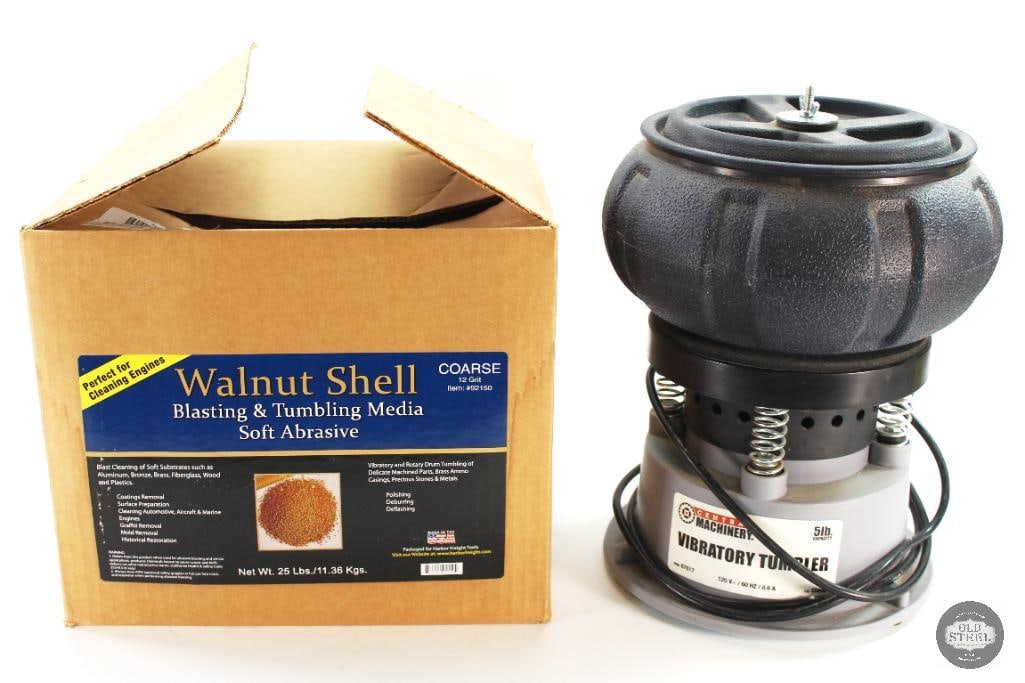 Central Machinery Vibratory Tumbler and 15lbs of 12 Grit Walnut Shell Media: Central Machinery Vibratory Tumbler with 51lb capacity and 15lbs of 12 Grit Walnut Shell Media THIS ITEM IS AS PICTURED WITH NO FURTHER ATTACHMENTS. ALL SALES ARE FINAL. PLEASE REFER TO