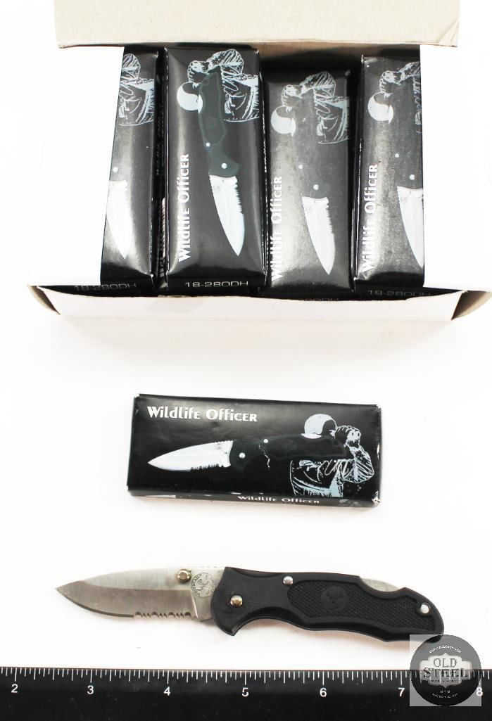 12 Pack Frost Cutlery Wildlife Officer Small Folding Knives NIB: 12 Pack Frost Cutlery Wildlife Officer Small Folding Knives NIB THIS ITEM IS AS PICTURED WITH NO FURTHER ATTACHMENTS. ALL SALES ARE FINAL. PLEASE REFER TO THE AUCTION DESCRIPTION, LOT