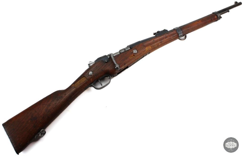 St. Etienne Mle 1892 Rifle 8mm Lebel - Antique - Matching: St. Etienne Mle 1892 rifle in 8mm Lebel. Matching bolt, barrel and stock. Bore is frosty but retains its rfling, though slighly rounded on the edges. Stock is worn and has 3 odd mortises on the r