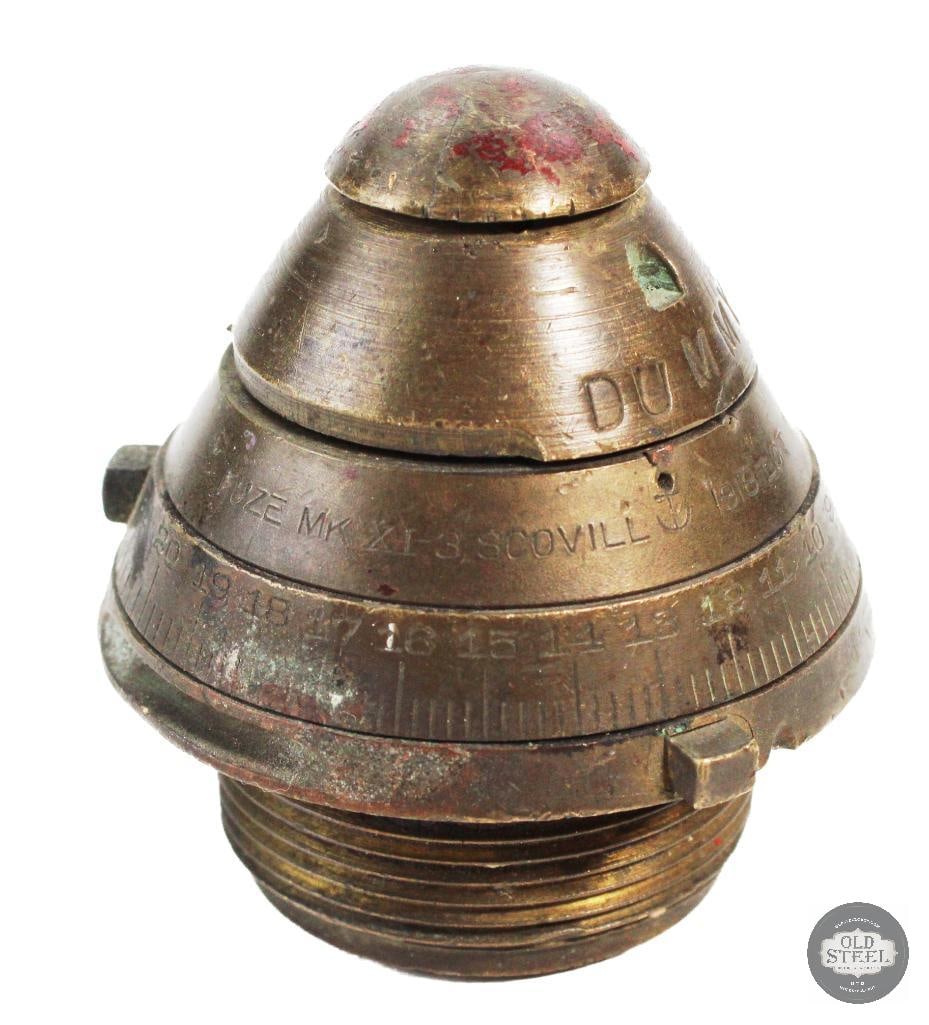 Original training Scoville 21 Second Combination Time and Percussion Fuze US WWI: Scoville 21 Second Combination Time and Percussion Fuze Fuze MK XI-3 Manufactured by scovill in 1918 Stamped "Dummy" THIS ITEM IS AS PICTURED WITH NO FURTHER ATTACHMENTS. ALL SALES ARE