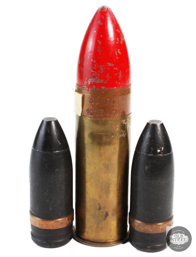 Lot of inert 30mm and 37mm US Ordnance: 37mm shell MK-1 mfg bf P.E & M Co. Case is Model of 1916 37mm gun AM.L 1090-35-B Springfield armory acceptance stamped. 2 30mm steel projectiles, copper drive bands unmarked