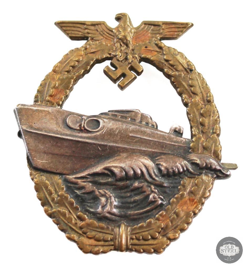 Original Kriegsmarine 2nd Pattern S-Boat Badge - WWII German: German WWII Kriegsmarine Navy Eboat badge, 2nd pattern late Makers marked Fec. WE. PeekHause Berlin, Ausf. Schwerin Berlin 68 THIS ITEM IS AS PICTURED WITH NO FURTHER ATTACHMENTS. ALL