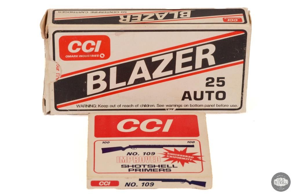 Partial Boxes CCI Primers and 25 Auto Ammunition: 69ct No. 109 Shotshell primers 47rds 25 Auto 50gr FMJ THIS ITEM IS AS PICTURED WITH NO FURTHER ATTACHMENTS. ALL SALES ARE FINAL. PLEASE REFER TO THE AUCTION DESCRIPTION, LOT
