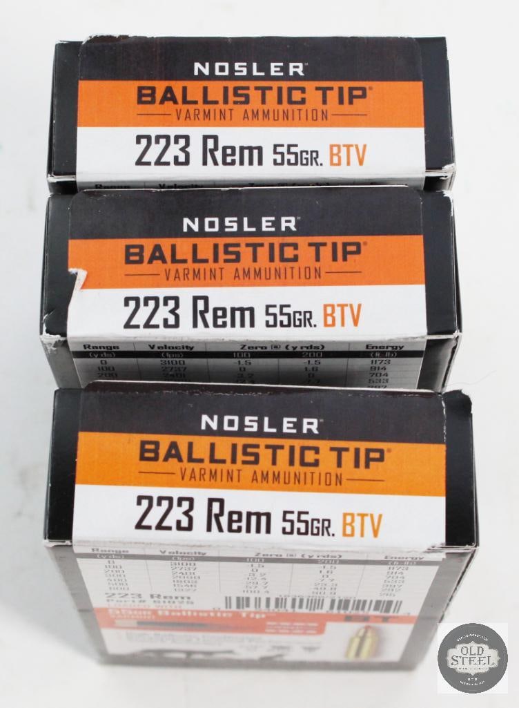 60 Rounds - Nosler Ammunition 223 Remington 55 Grain: 60 Rounds - Nosler Ammunition 223 Remington 55 Grain THIS ITEM IS AS PICTURED WITH NO FURTHER ATTACHMENTS. ALL SALES ARE FINAL. PLEASE REFER TO THE AUCTION DESCRIPTION, LOT