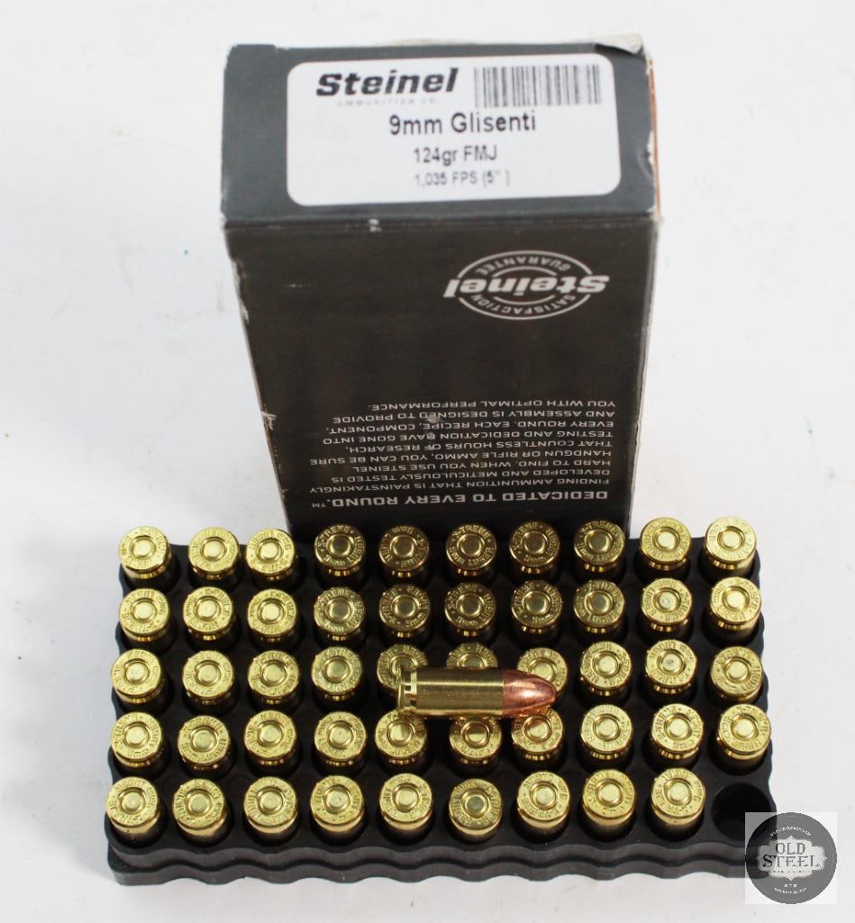 50 Rounds - 9mm Glisenti Steinel Ammo 124 Grain: 50 Rounds - 9mm Glisenti Steinel Ammo 124 Grain THIS ITEM IS AS PICTURED WITH NO FURTHER ATTACHMENTS. ALL SALES ARE FINAL. PLEASE REFER TO THE AUCTION