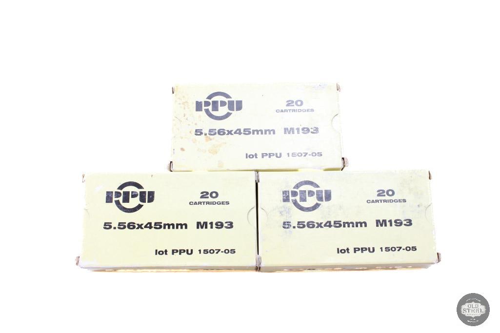 3 Boxes of PPU 5.56x45mm M193 55 Grain Ammo 60 Rds.: 3 Boxes of PPU 5.56x45mm M193 55 Grain Ammo 60 Rds. THIS ITEM IS AS PICTURED WITH NO FURTHER ATTACHMENTS. ALL SALES ARE FINAL. PLEASE REFER TO THE AUC