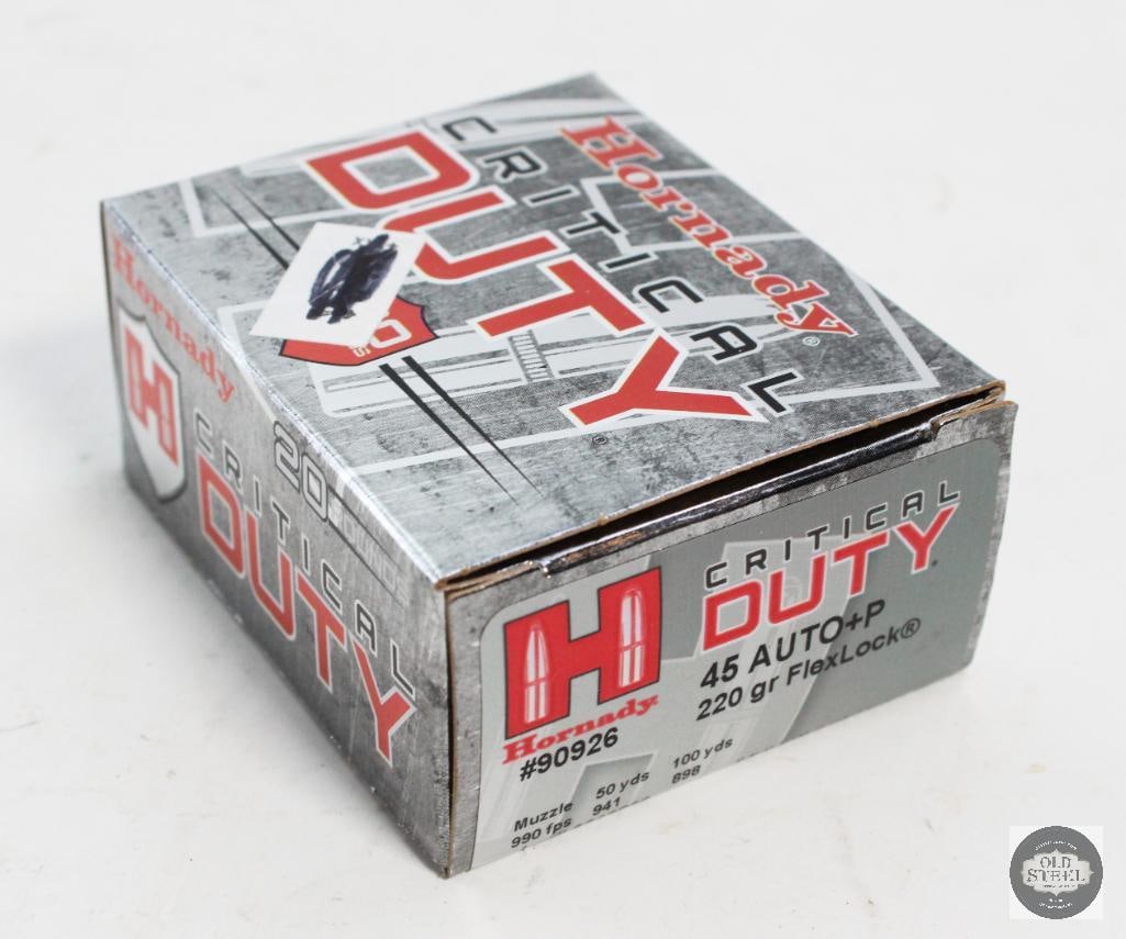 20 Rounds - Hornady Critical Duty 45 ACP+P 220 Grain: 20 Rounds - Hornady Critical Duty 45 ACP+P 220 Grain THIS ITEM IS AS PICTURED WITH NO FURTHER ATTACHMENTS. ALL SALES ARE FINAL. PLEASE REFER TO THE AUCTION DESCRIPTION, LOT