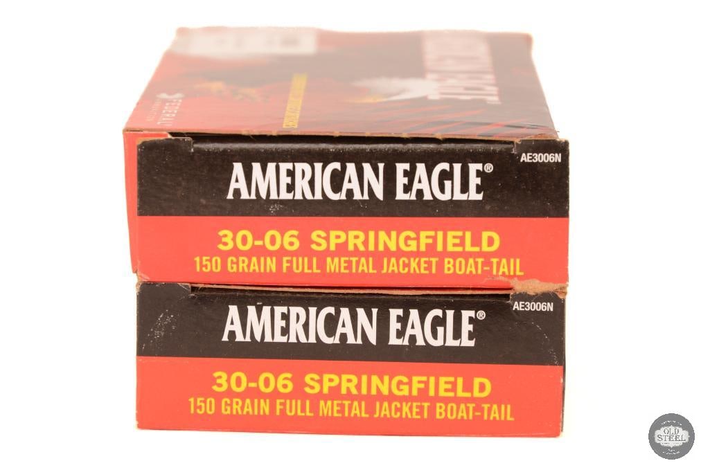 2 Boxes Federal American Eagle 30-06 SPRG 150gr FMJ BT Ammunition - 40rds: 2 Boxes Federal American Eagle 30-06 SPRG 150gr FMJ BT Ammunition - 40rds THIS ITEM IS AS PICTURED WITH NO FURTHER ATTACHMENTS. ALL SALES ARE FINAL. PLEASE REFER TO THE AUCTION