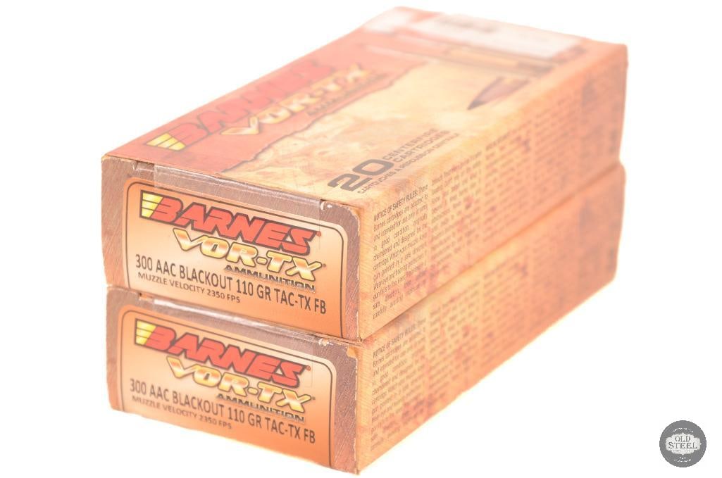 2 Boxes Barnes Vor-Tx 300 AAC Blackout 110gr Tac-TX FB Ammunition - 40rds: 2 Boxes Barnes Vor-Tx 300 AAC Blackout 110gr Tac-TX FB Ammunition - 40rds THIS ITEM IS AS PICTURED WITH NO FURTHER ATTACHMENTS. ALL SALES ARE FINAL. PLEASE REFER TO THE AUCTION