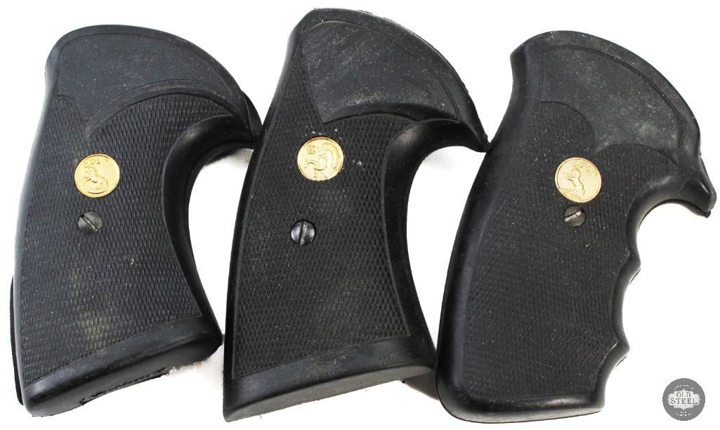 Lot of 3 Colt Revolver Grips - Rubber W/ Gold Medallions: Lot of 3 Colt Revolver Grips - Rubber W/ Gold Medallions THIS ITEM IS AS PICTURED WITH NO FURTHER ATTACHMENTS. ALL SALES ARE FINAL. PLEASE REFER TO TH