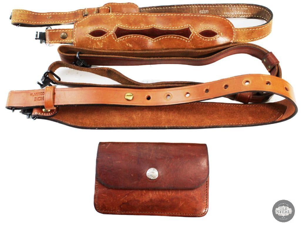 Lot of 2 Leather Rifle Slings & Cartridge Pouch: Lot of 2 Leather Rifle Slings & Cartridge Pouch THIS ITEM IS AS PICTURED WITH NO FURTHER ATTACHMENTS. ALL SALES ARE FINAL. PLEASE REFER TO THE AUC