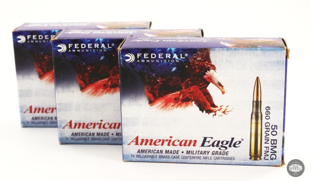 30rds Federal American Eagle 50 BMG 660gr FMJ Ammunition: 30rds Federal American Eagle 50 BMG 660gr FMJ Ammunition THIS ITEM IS AS PICTURED WITH NO FURTHER ATTACHMENTS. ALL SALES ARE FINAL. PLEASE REFER TO TH