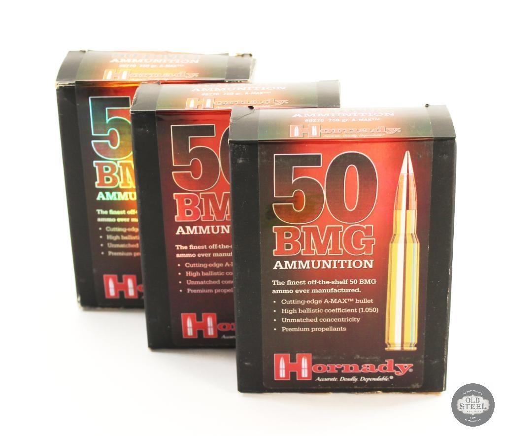60rds Hornady A-Max 50 BMG 750gr Ammunition: 60rds Hornady A-Max 50 BMG 750gr Ammunition THIS ITEM IS AS PICTURED WITH NO FURTHER ATTACHMENTS. ALL SALES ARE FINAL. PLEASE REFER TO THE AUCTION DESCRIPTION, LOT #1 DESCRIPTION AND