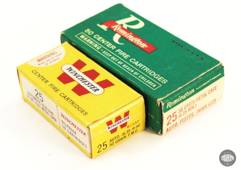 2 Vintage Boxes 25 Auto 50gr Metal Case Ammunition - Remington, Winchester (1 of 1)