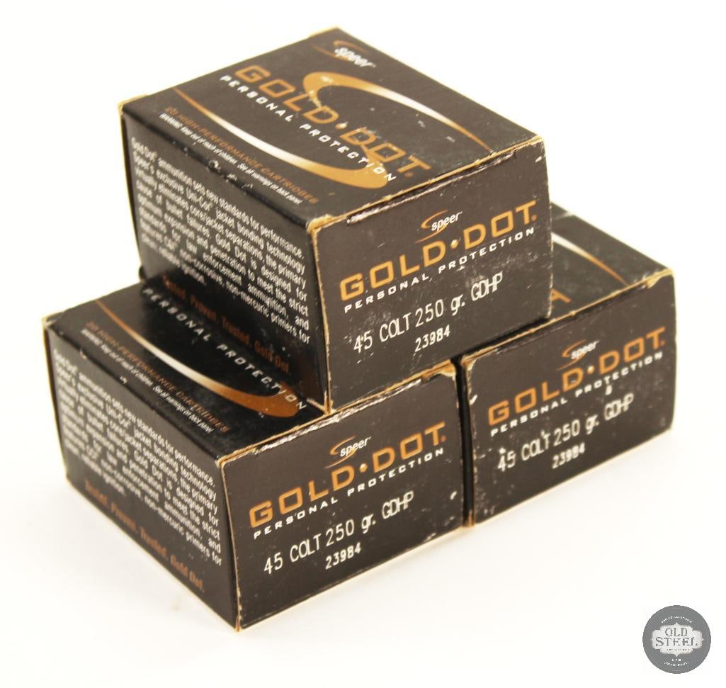 60rds Speer 45 Colt 250gr Gold Dot HP Ammunition: 60rds Speer 45 Colt 250gr Gold Dot HP Ammunition THIS ITEM IS AS PICTURED WITH NO FURTHER ATTACHMENTS. ALL SALES ARE FINAL. PLEASE REFER TO THE AUCTION DESCRIPTION, LOT
