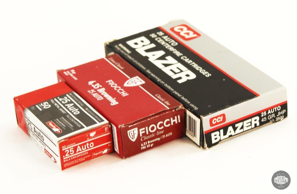 150rds 25 Auto Ammunition - Fiocchi, Aguila, CCI: CCI Blazer 45gr JHP - 50rds Fiocchi 50gr FMJ - 50rds Aguila 50gr FMJ - 50rds THIS ITEM IS AS PICTURED WITH NO FURTHER ATTACHMENTS. ALL SALES A
