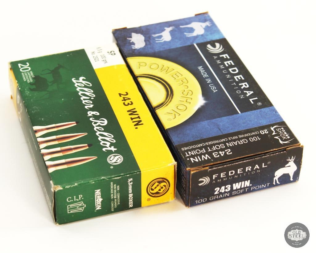 40rds 243 WIN Ammunition - Federal, Sellier&Bellot: Federal 243 WIN 100gr SP - 20rds S&B 243 WIN 100gr SP - 20rds THIS ITEM IS AS PICTURED WITH NO FURTHER ATTACHMENTS. ALL SALES ARE FINAL. PLEASE REFER TO THE AUCTION DESCRIPTION, LOT
