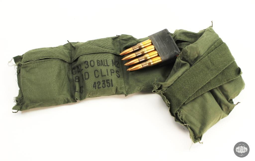 6 En Bloc Clips of 30-06 SPRG M2 Ball Ammunition in Bandoleer: 6 En Bloc Clips of 30-06 SPRG M2 Ball Ammunition in Bandoleer THIS ITEM IS AS PICTURED WITH NO FURTHER ATTACHMENTS. ALL SALES ARE FINAL. PLEASE REFER