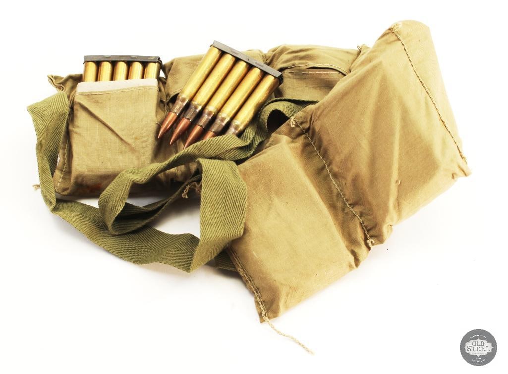 60rds 30-06 SPRG on 5rd Clips in Cloth Bandoleer: 60rds 30-06 SPRG on 5rd Clips in Cloth Bandoleer THIS ITEM IS AS PICTURED WITH NO FURTHER ATTACHMENTS. ALL SALES ARE FINAL. PLEASE REFER TO THE AUCTIO