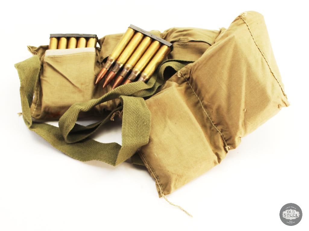 60rds 30-06 SPRG on 5rd Clips in Cloth Bandoleer: 60rds 30-06 SPRG on 5rd Clips in Cloth Bandoleer THIS ITEM IS AS PICTURED WITH NO FURTHER ATTACHMENTS. ALL SALES ARE FINAL. PLEASE REFER TO THE AUCTIO