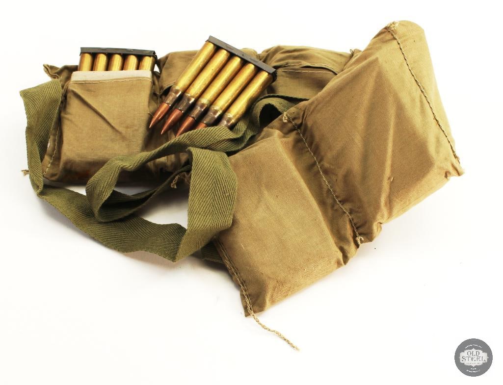 60rds 30-06 SPRG on 5rd Clips in Cloth Bandoleer: 60rds 30-06 SPRG on 5rd Clips in Cloth Bandoleer THIS ITEM IS AS PICTURED WITH NO FURTHER ATTACHMENTS. ALL SALES ARE FINAL. PLEASE REFER TO THE AUCTION DESCRIPTION, LOT