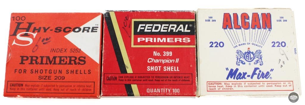 3 Boxes of Shotgun Shell Primers Size 209 & 399: 3 Boxes of Shotgun Shell Primers Size 209 & 399 THIS ITEM IS AS PICTURED WITH NO FURTHER ATTACHMENTS. ALL SALES ARE FINAL. PLEASE REFER TO THE AUCTION DESCRIPTION, LOT