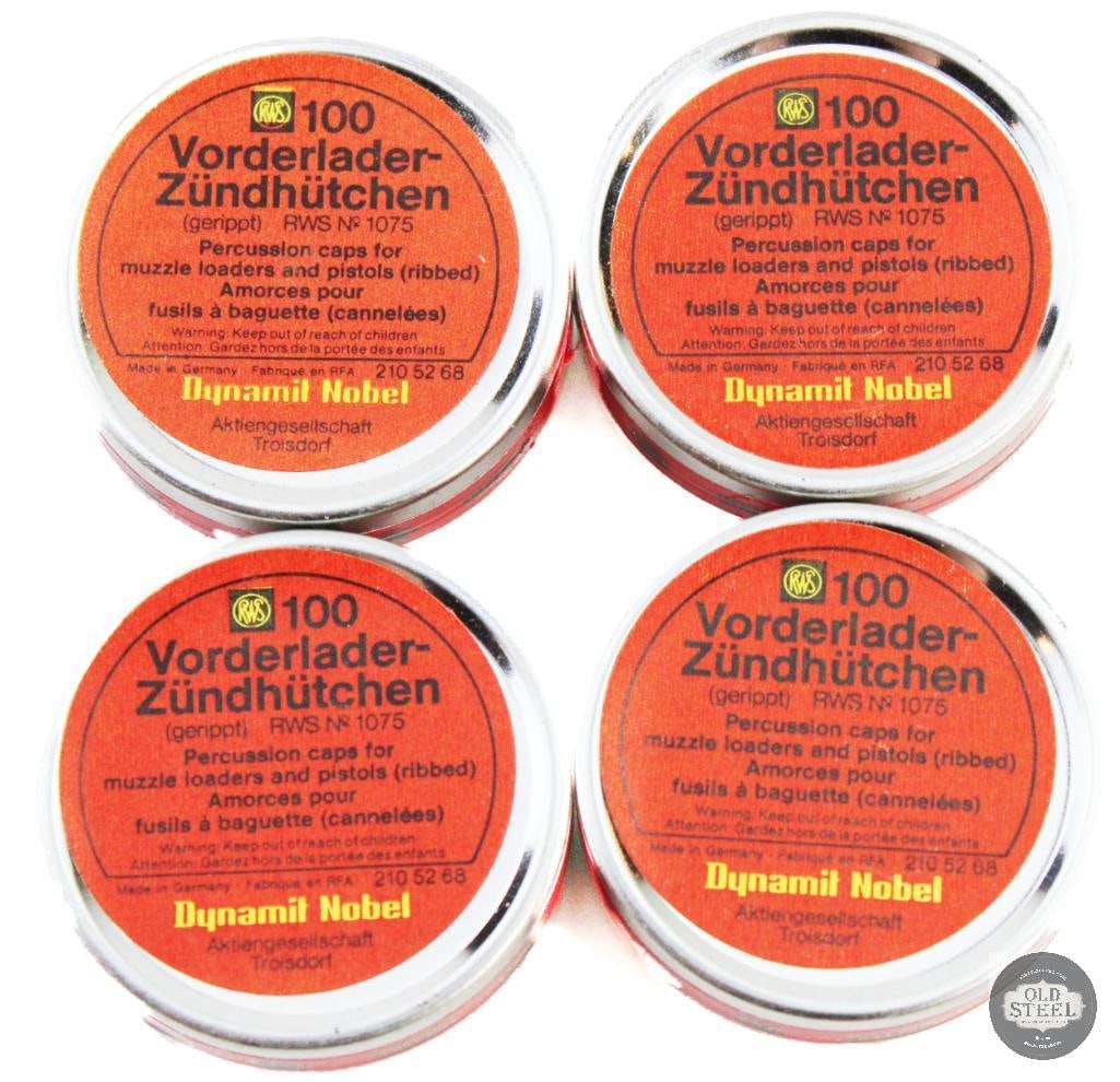 4 Containers of No.1075 Percussion Caps: 4 Containers of No.1075 Percussion Caps THIS ITEM IS AS PICTURED WITH NO FURTHER ATTACHMENTS. ALL SALES ARE FINAL. PLEASE REFER TO THE AUCTION DESCRIPTION, LOT #1 DESCRIPTION AND