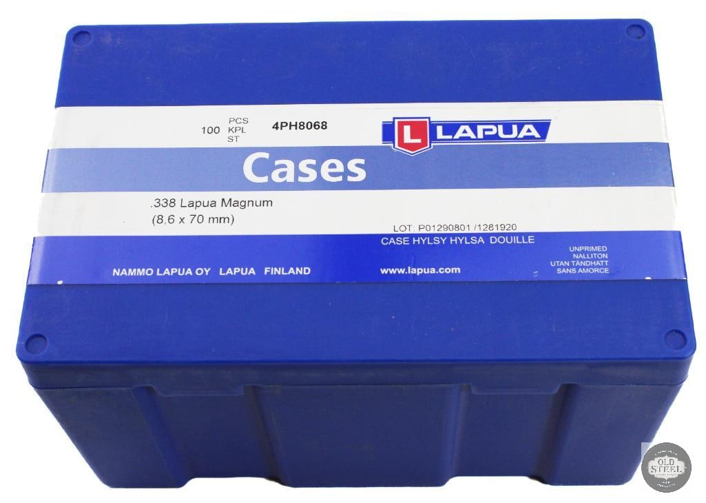 Box of 100 .338 Lapua Magnum Brass Casings: Box of 100 .338 Lapua Magnum Brass Casings THIS ITEM IS AS PICTURED WITH NO FURTHER ATTACHMENTS. ALL SALES ARE FINAL. PLEASE REFER TO THE AUCTION DESCRIPTION, LOT #1 DESCRIPTION AND