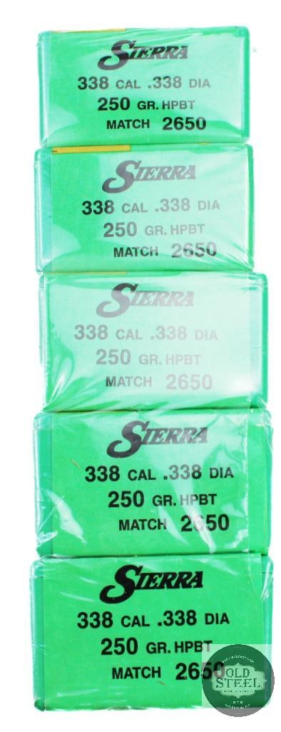 250 Bullets of Sierra 338 Cal 250 Gr HPBT: 250 Bullets of Sierra 338 Cal 250 Gr HPBT THIS ITEM IS AS PICTURED WITH NO FURTHER ATTACHMENTS. ALL SALES ARE FINAL. PLEASE REFER TO THE AUCTION DESCRIPTION, LOT #1 DESCRIPTION AND