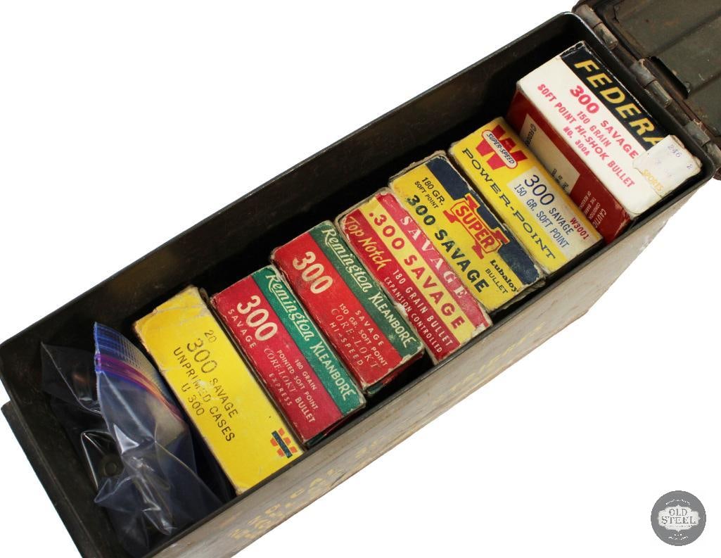 Ammo Can of 160 Reloaded Cartridges / Partial boxes of 3oo Savage - SOLD AS COMPONENTS: Ammo Can of 160 Reloaded Cartridges / Partial boxes of 3oo Savage - SOLD AS COMPONENTS THIS ITEM IS AS PICTURED WITH NO FURTHER ATTACHMENTS. ALL SALES