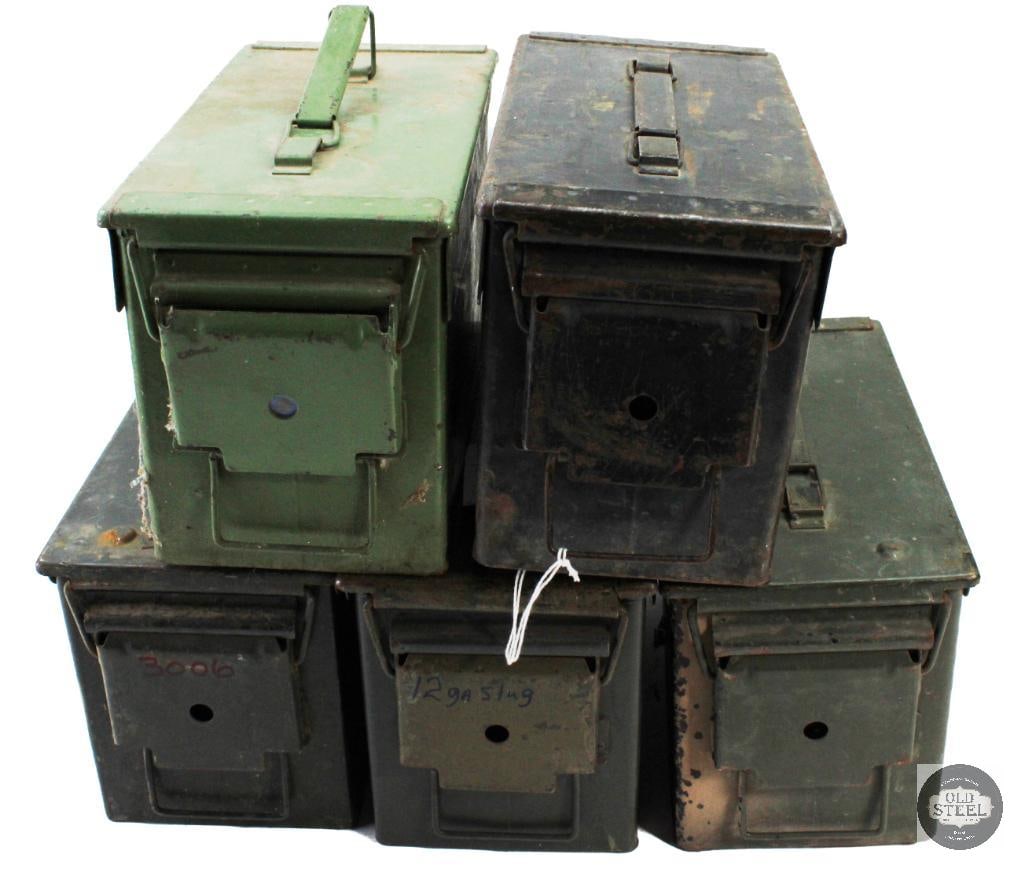 Lot of 5 50 Cal Ammo Cans - Miscellaneous Conditions- EMPTY: Lot of 5 50 Cal Ammo Cans - Miscellaneous Conditions THIS ITEM IS AS PICTURED WITH NO FURTHER ATTACHMENTS. ALL SALES ARE FINAL. PLEASE REFER TO THE AUCTION DESCRIPTION, LOT