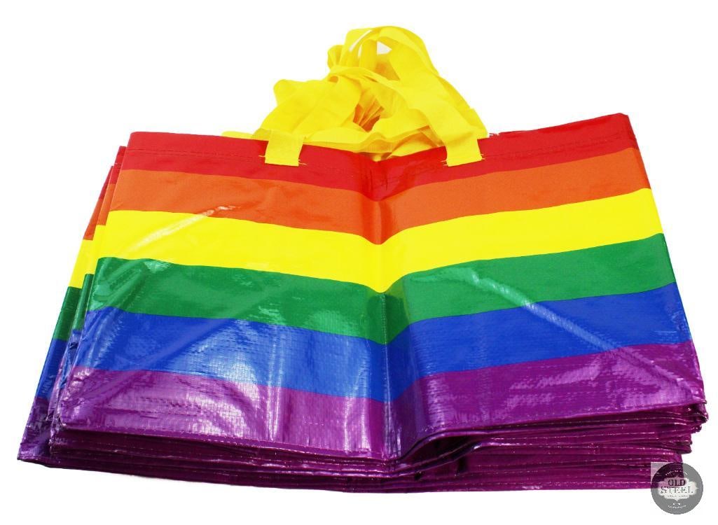 Lot of 8 Large Rainbow Themed Bags With Yellow Handles: Lot of 8 Large Rainbow Themed Bags With Yellow Handles THIS ITEM IS AS PICTURED WITH NO FURTHER ATTACHMENTS. ALL SALES ARE FINAL. PLEASE REFER TO THE AUCTION DESCRIPTION, LOT