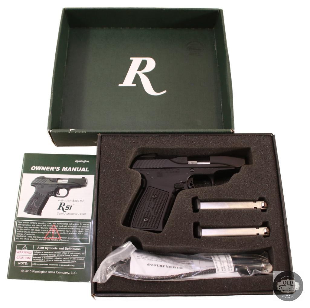 Remington R51 chambered in 9mm: Up for auction is a Remington R51 chambered in 9mm. This pistol has a 3.25 inch barrel with sharp reflective riffling. This Remington R51 comes with 2 total mags and its original box. This pistol is
