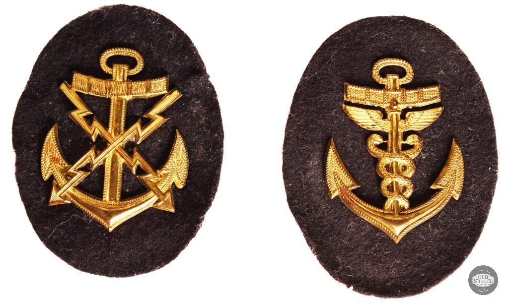 Kriegsmarine Patches - Fernschreibmaat and Sanitatsobermaat German WWII: Pair of Kriegsmarine patches from WWII Germany. Left is a Teletypist sleeve patch and the right is a Medical Petty Officer patch. THIS ITEM IS AS PICTURED WITH NO FURTHER ATTACHMENTS.