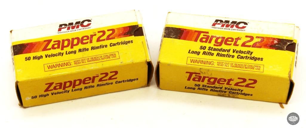 100rds PMC 22LR Ammunition: 1 box Target 22 - 50rds 1 box Zapper 22 - 50rds THIS ITEM IS AS PICTURED WITH NO FURTHER ATTACHMENTS. ALL SALES ARE FINAL. PLEASE REFER TO THE AUCTION DESCRIPTION, LOT #1 DESCRIPTION AND